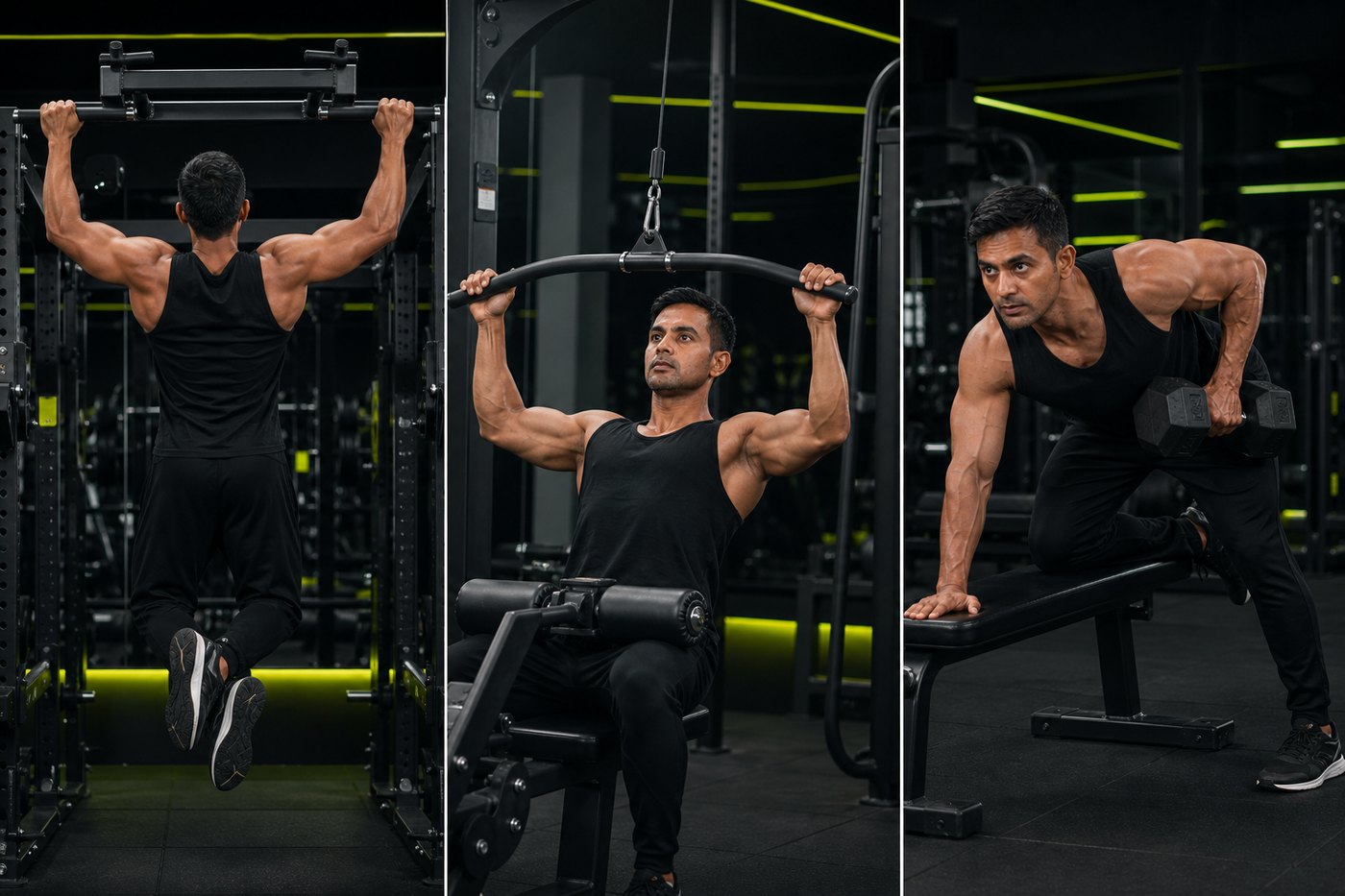 Himal demonstrating pull-up, lat pulldown and dumbbell row