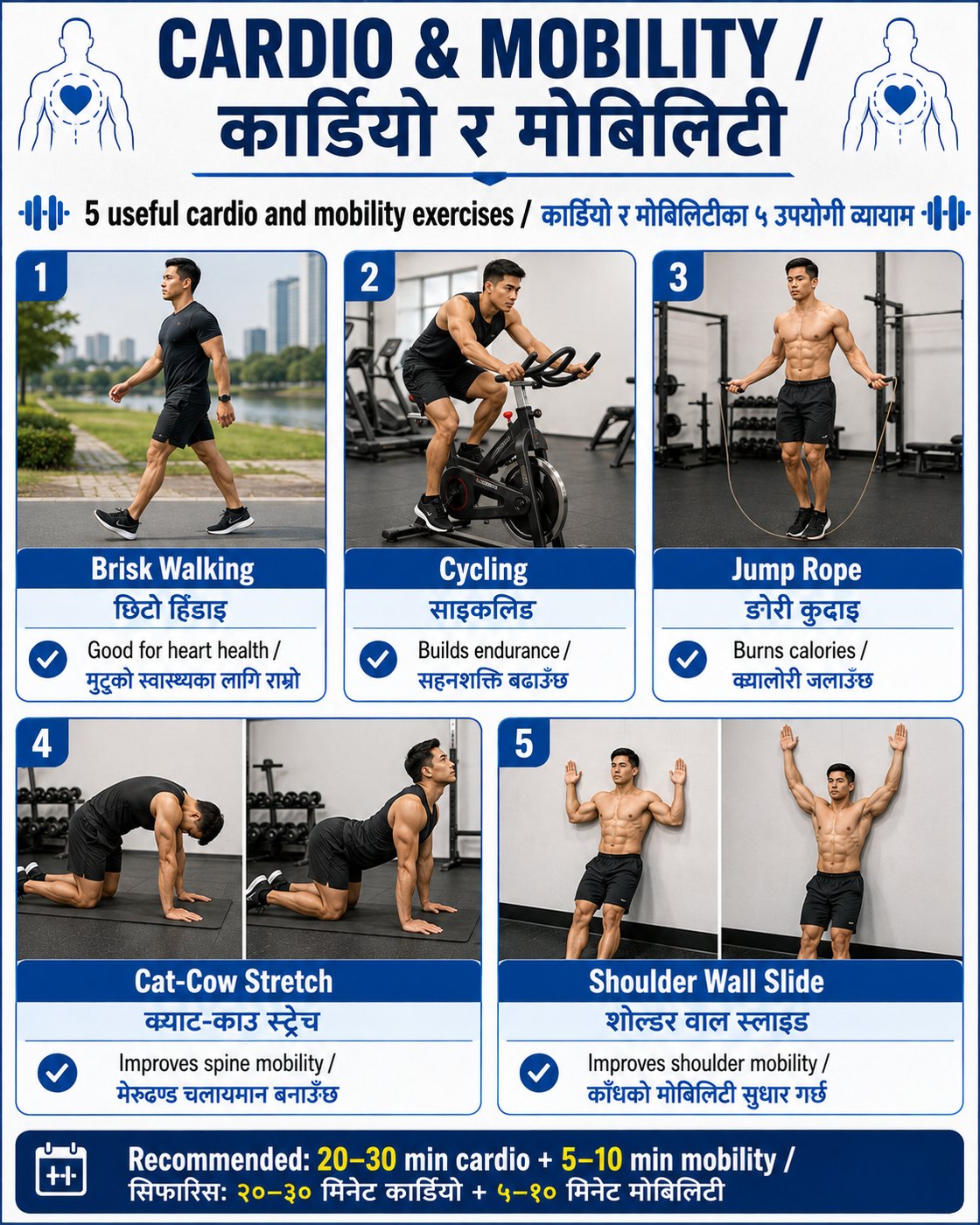Bilingual cardio and mobility exercise guide